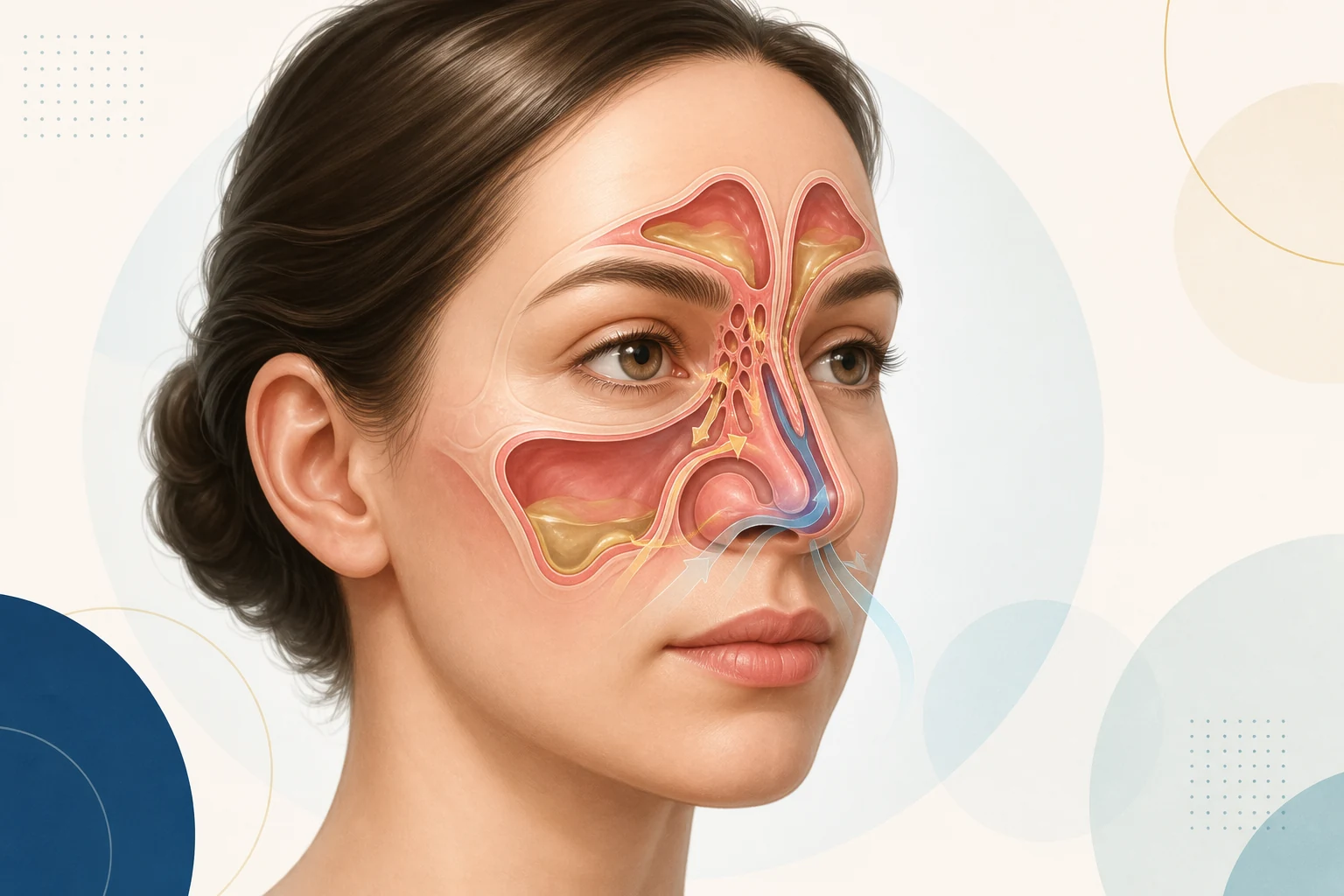 Medical illustration showing inflamed sinuses and narrowed nasal drainage pathways in chronic rhinosinusitis