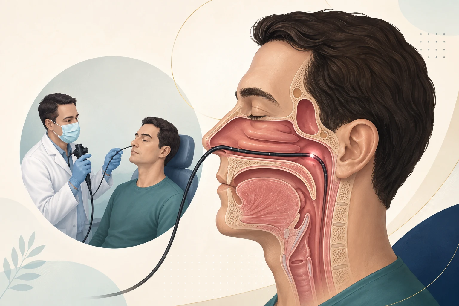 Medical illustration of an ENT clinician performing flexible nasal endoscopy with a cutaway view of the nasal passage