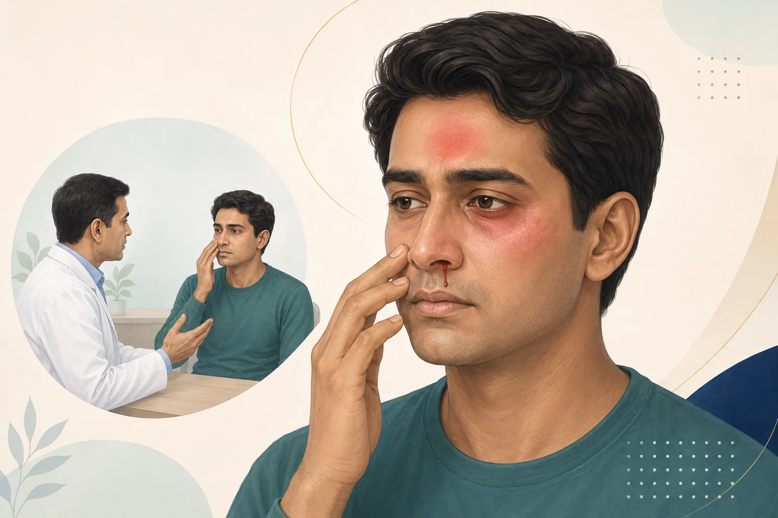 Medical illustration of a patient with one-sided nasal bleeding, facial discomfort and eye-area symptoms during an ENT consultation