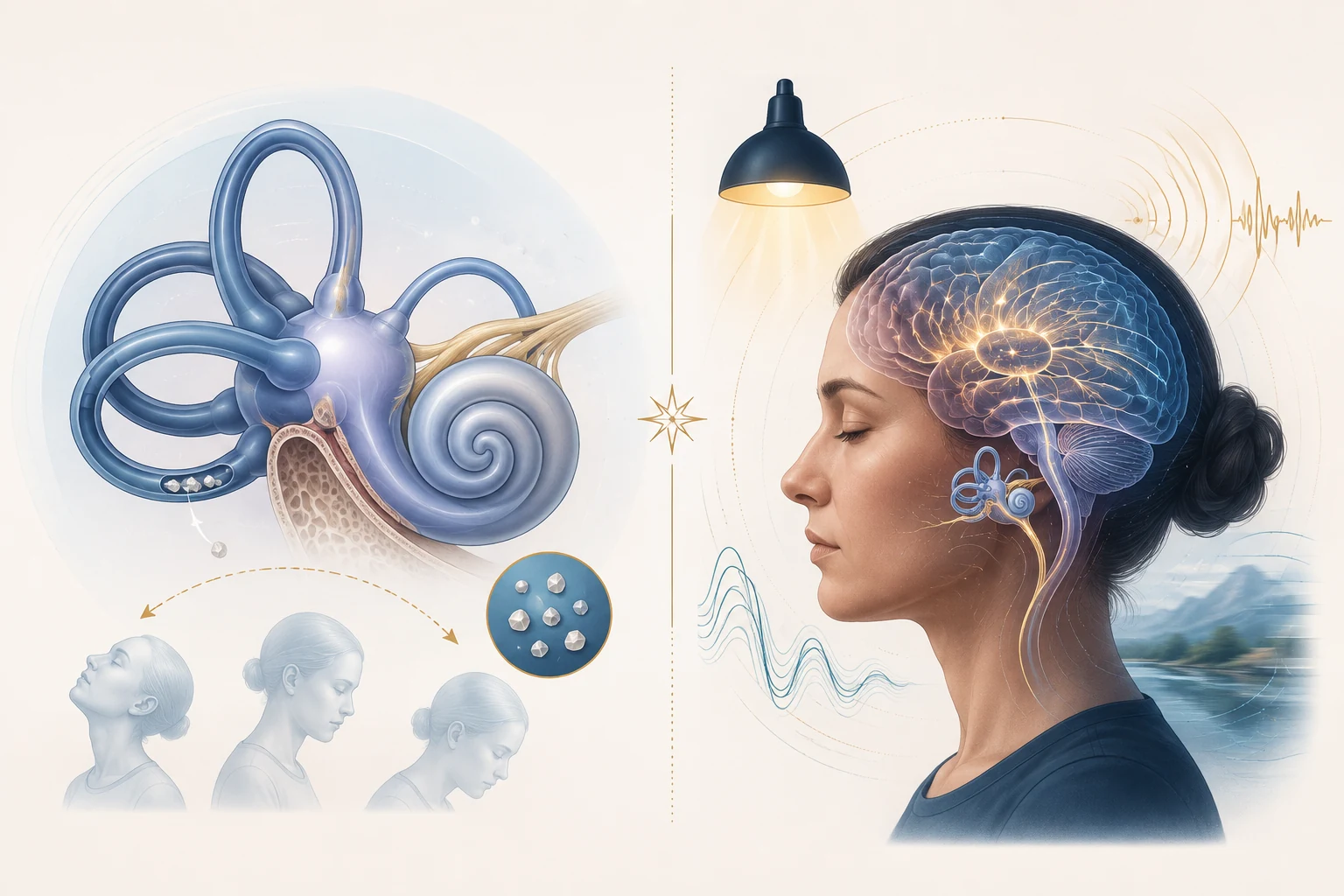 Medical illustration comparing displaced inner-ear crystals in BPPV with migraine-related sensory processing